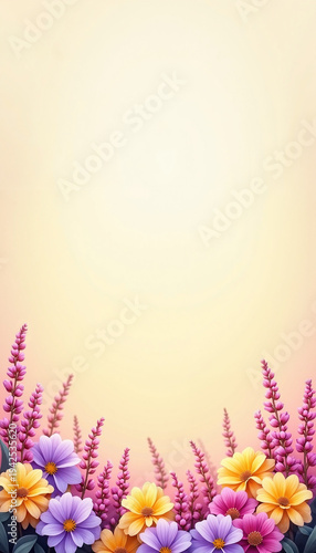 Vibrant floral background featuring pink and purple flowers with soft gradients. Bright flowers create inviting atmosphere for invitations and celebrations.