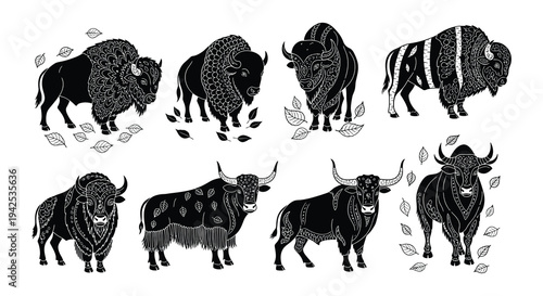 Detailed black and white illustration of various bison and cattle breeds
