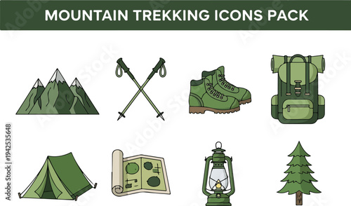 Mountain trekking icon pack featuring hiking boots, tent, backpack, map, and lantern