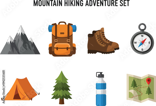 Mountain Hiking Adventure Set Icons for Outdoor Exploration and Travel Gear