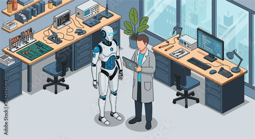 Scientist in Lab Coat with Robot Assistant.