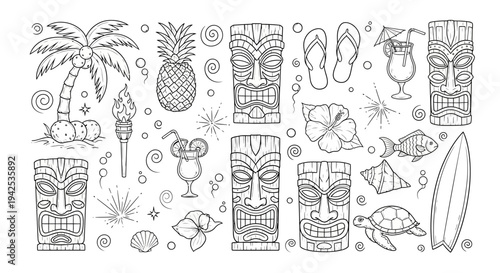 Tiki masks and tropical elements illustration.