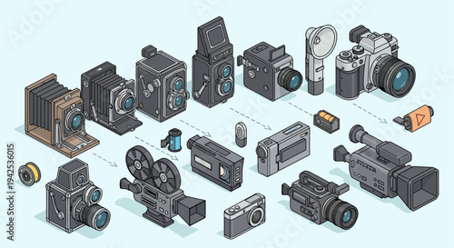 Collection of Various Cameras and Photography Equipment.