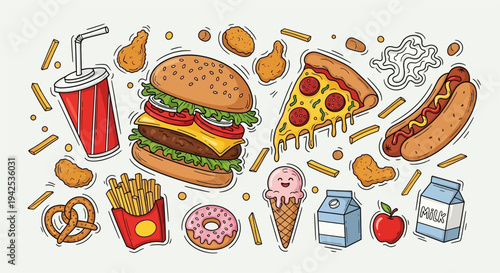 Assorted Fast Food Items and Snacks Display.