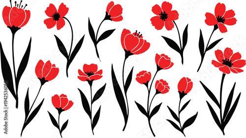 Stylized red flower silhouette with black stems and leaves, bold contrast artistic floral design