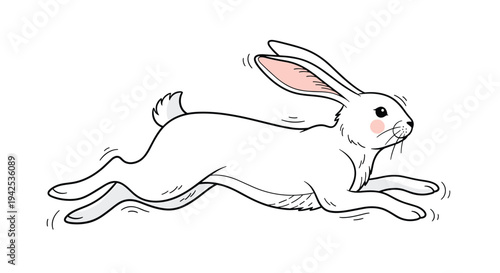 Energetic illustration of a white rabbit in mid leap running fast with pink ears and cheeks isolated on a white background to show speed.