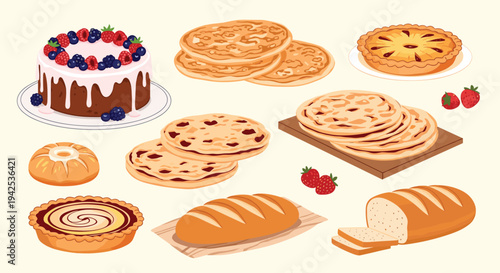 Mouthwatering collection of various baked goods including a berry cake, pancakes, pies, bread loaves, and pastries isolated on a beige background.
