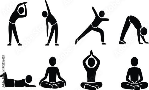 Yoga and stretching exercise stick figure set, workout poses and meditation icons for wellness, fitness vector
