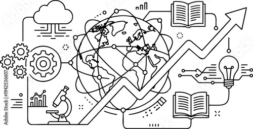 Minimalist line art vector of global education, research, innovation, and technology growth network