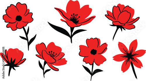 Stylized red flower silhouette with black stems and leaves, bold contrast design, artistic floral art