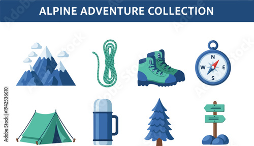 Alpine Adventure Collection Featuring Mountains, Tent, Boots, Compass, Rope, Thermos, Tree and Signpost