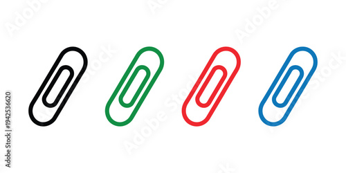 Paperclip icon set vector on white background, office supplies organization symbol collection, modern vibrant minimalistic paper clip icons, clean stationery graphic elements suitable for workplace