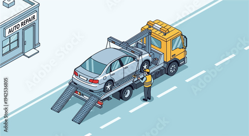 Tow Truck Driver Towing Broken Down Car.