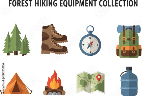 Collection of vector icons representing forest hiking equipment and essentials for outdoor adventure