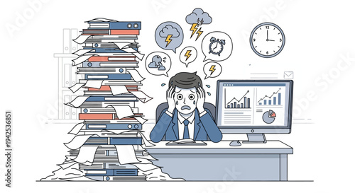 Overwhelmed office worker with piles of paperwork.