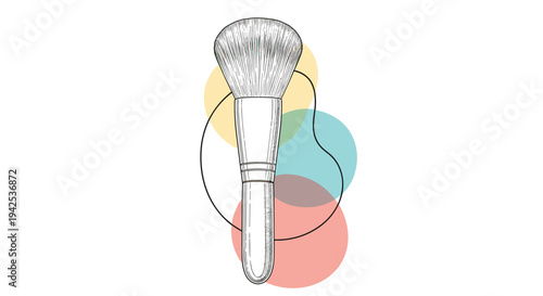 Detailed line drawing of a large fluffy makeup brush with abstract colorful shapes behind it representing beauty and cosmetics artistry.