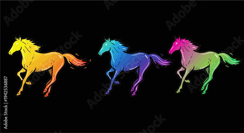 Colorful Horses Running in Gradient Colors.