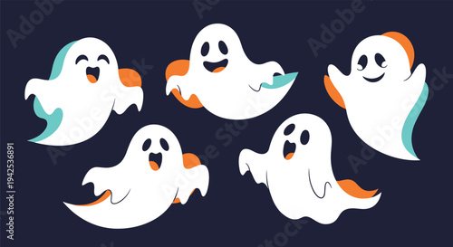 Set of friendly cartoon ghosts floating in the dark with happy expressions and colorful highlights for halloween celebration.