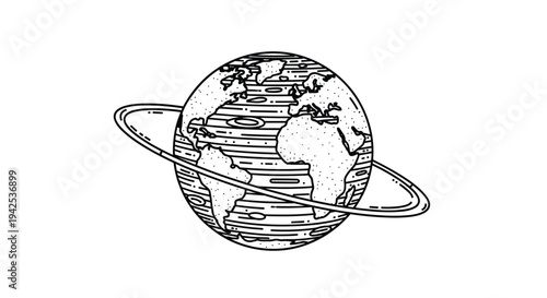 Minimalist line drawing of planet earth surrounded by rings representing space exploration and global environmental awareness.