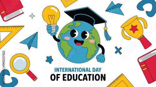 Cute earth character with graduation cap celebrating international day of education illustration