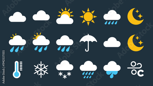Colorful weather icons set with sun cloud rain snow umbrella moon and temperature symbols