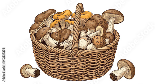 Large wicker basket overflowing with various species of wild forest mushrooms including chanterelles and porcini for cooking.