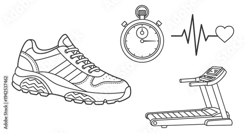 Fitness Icons: Running Shoe, Treadmill, Stopwatch, Heartbeat, Health Concept