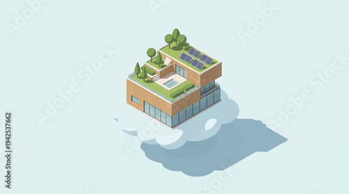 Isometric illustration of a modern sustainable building with a green roof, solar panels, and rooftop pool, representing eco-friendly urban architecture
