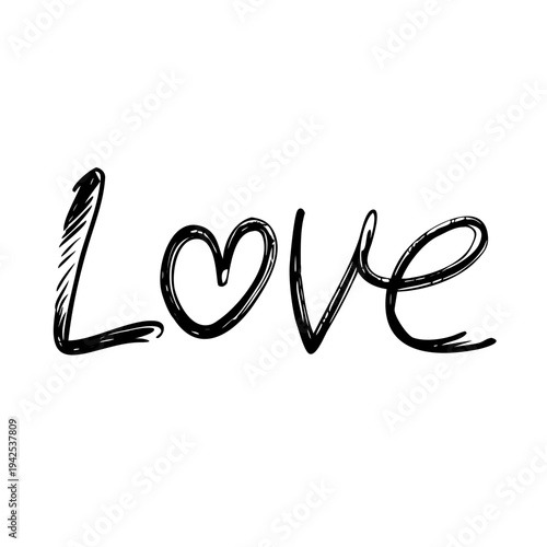 Love word with heart for V in a handdrawn scribbled or handwritten black pen ink style vector design