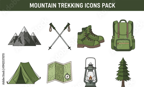Mountain Trekking Icons Pack Essential Gear for Outdoor Adventures and Hiking Expeditions