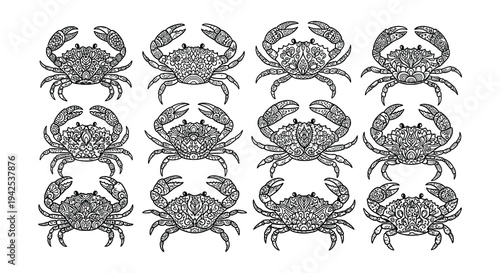 Intricate designs of eight crabs arranged in a grid pattern