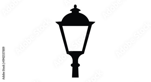 A simple black silhouette of a classic ornate street lamp design