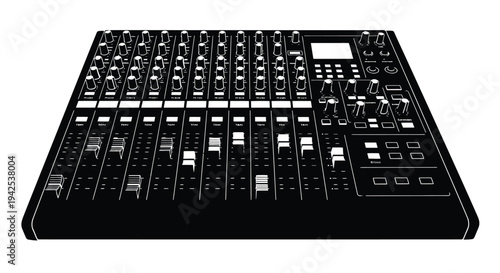Black and white illustration of a professional audio mixing console
