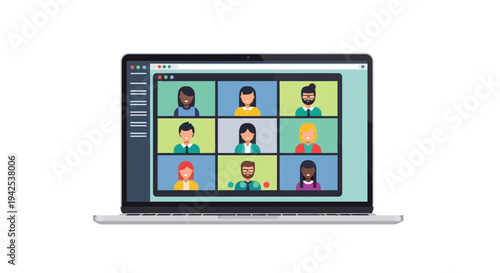 Diverse team members connect remotely on laptop during virtual meeting