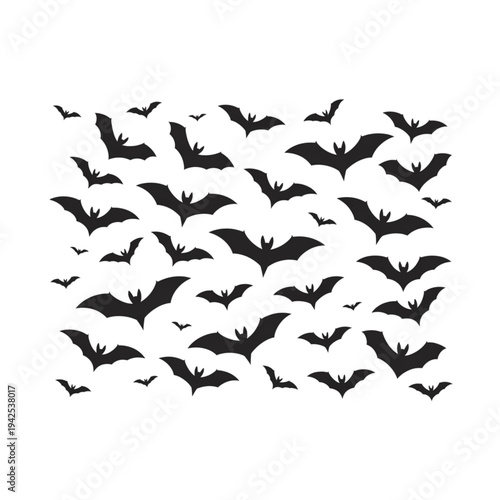 Flying bats silhouette set, spooky colony for Halloween decoration, nocturnal animals, vampire wings, dark nature, gothic design, vector