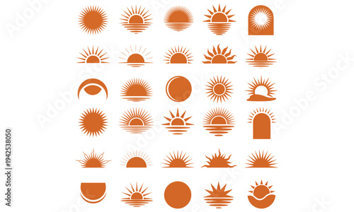 Bright orange sun icon collection isolated on light background for weather and ui design