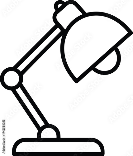 Desk lamp icon in black outline flat vector style isolated on white background representing office workspace lighting and study equipment concept