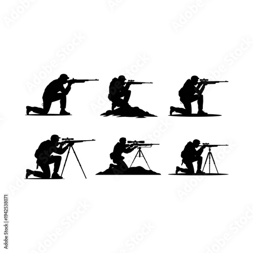 Sniper and hunter silhouettes set with rifles scopes and tripods in various kneeling shooting positions vector