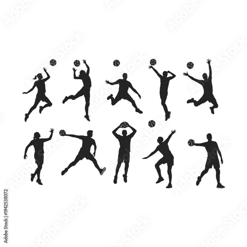 Volleyball players silhouettes set with jumping spiking and serving actions for sports competition vector design elements