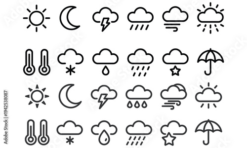 Weather outline icon set with sun cloud rain lightning umbrella symbols