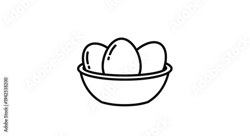 Simple line drawing of three eggs nestled inside a small bowl