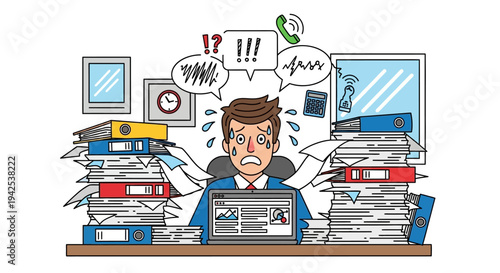 Overwhelmed Office Worker at Cluttered Desk.