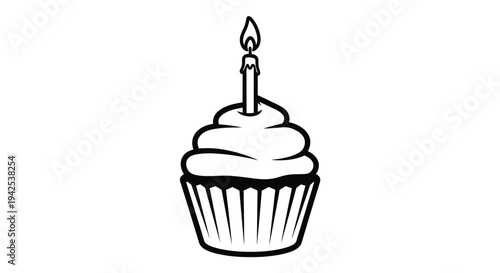 A simple black and white illustration of a cupcake with a lit candle