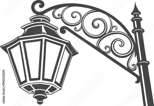 Victorian Street Lamp Ornate Iron Streetlight Vintage City Lighting Engraving Style Detailed Black Line Art Illustration