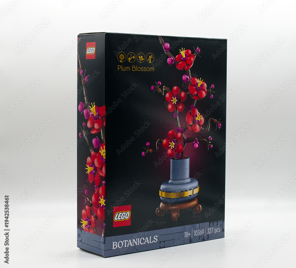 Fototapeta premium Bologna - Italy - March 3, 2026: LEGO Botanicals Plum Blossom set 10369 packaging isolated on white background.
