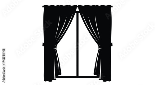 Simple black silhouette of a window framed by heavy draped curtains