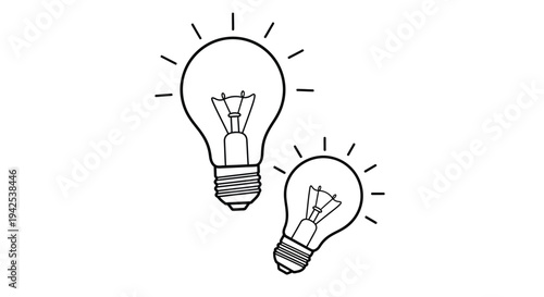 Two lightbulbs with radiating lines a simple black and white illustration