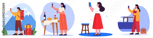 Creative Vector Illustration Set of Diverse People Taking Selfies with Mobile Phones, Depicting Social Networking, Digital Content Creation and Smartphone Photography