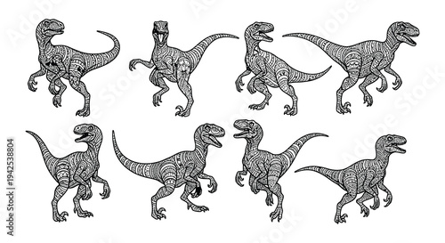 A collection of stylized velociraptor dinosaurs in black and white
