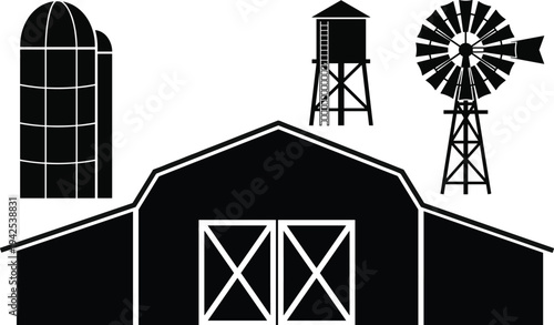 Farm building silhouettes set, barn, silo, water tower and windmill icons, rural agriculture structures collection isolated, countryside farming vector illustration